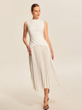 Pleated Midi Dress with Crew Neckline and Invisible Zipper, Sleeveless