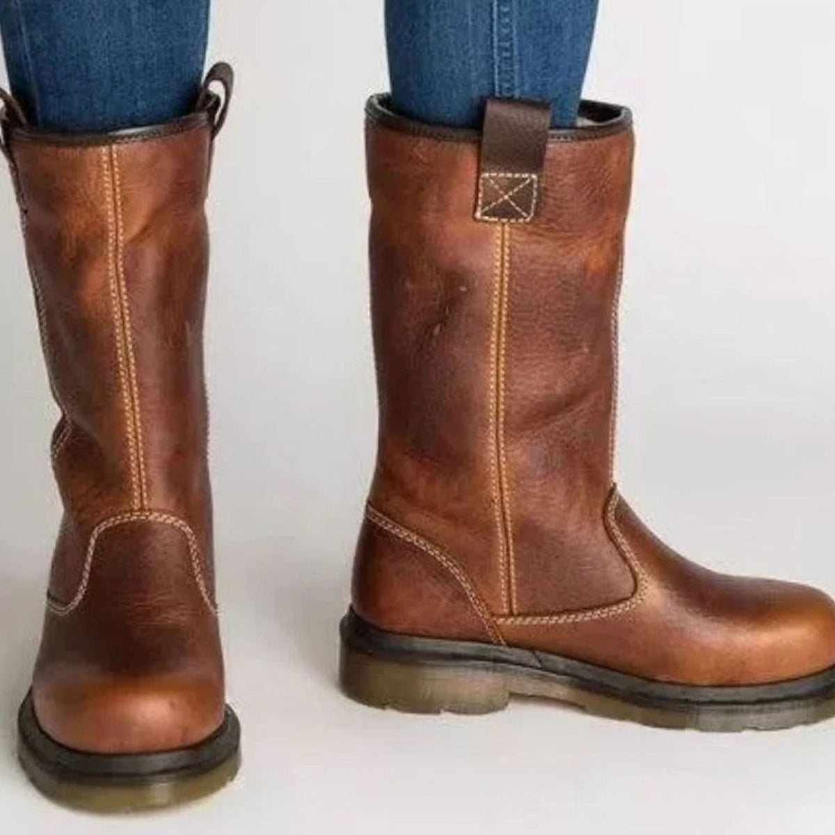 Womens Mid Calf Pull On Boots with Lined Interior and Round Toe, Contrast Stitching