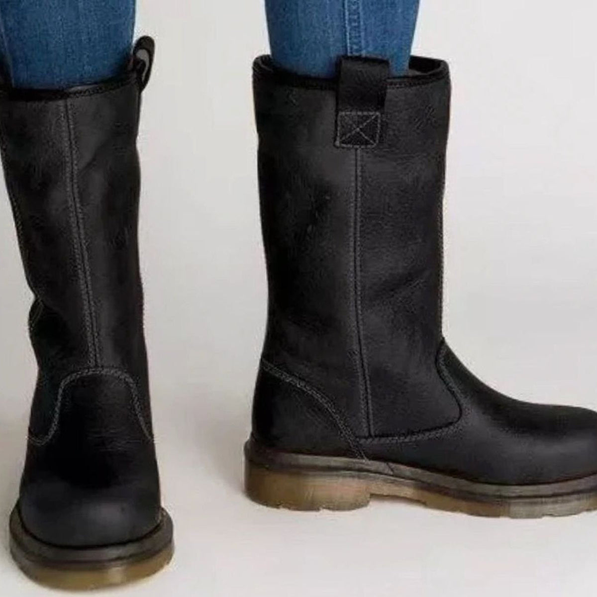 Womens Mid Calf Pull On Boots with Lined Interior and Round Toe, Contrast Stitching