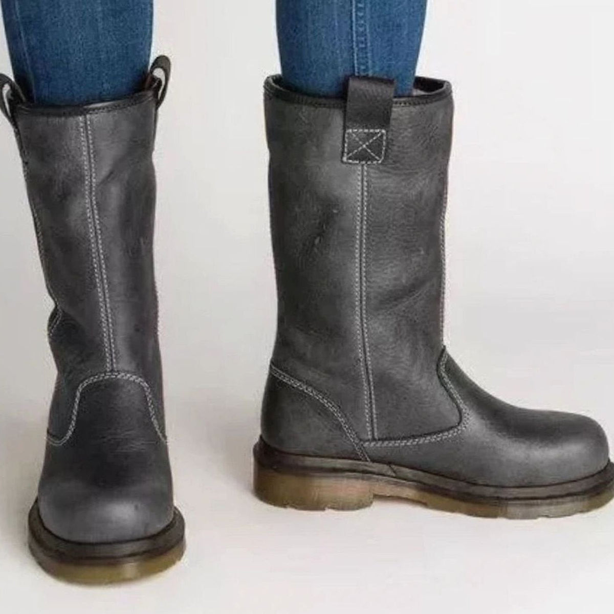 Womens Mid Calf Pull On Boots with Lined Interior and Round Toe, Contrast Stitching