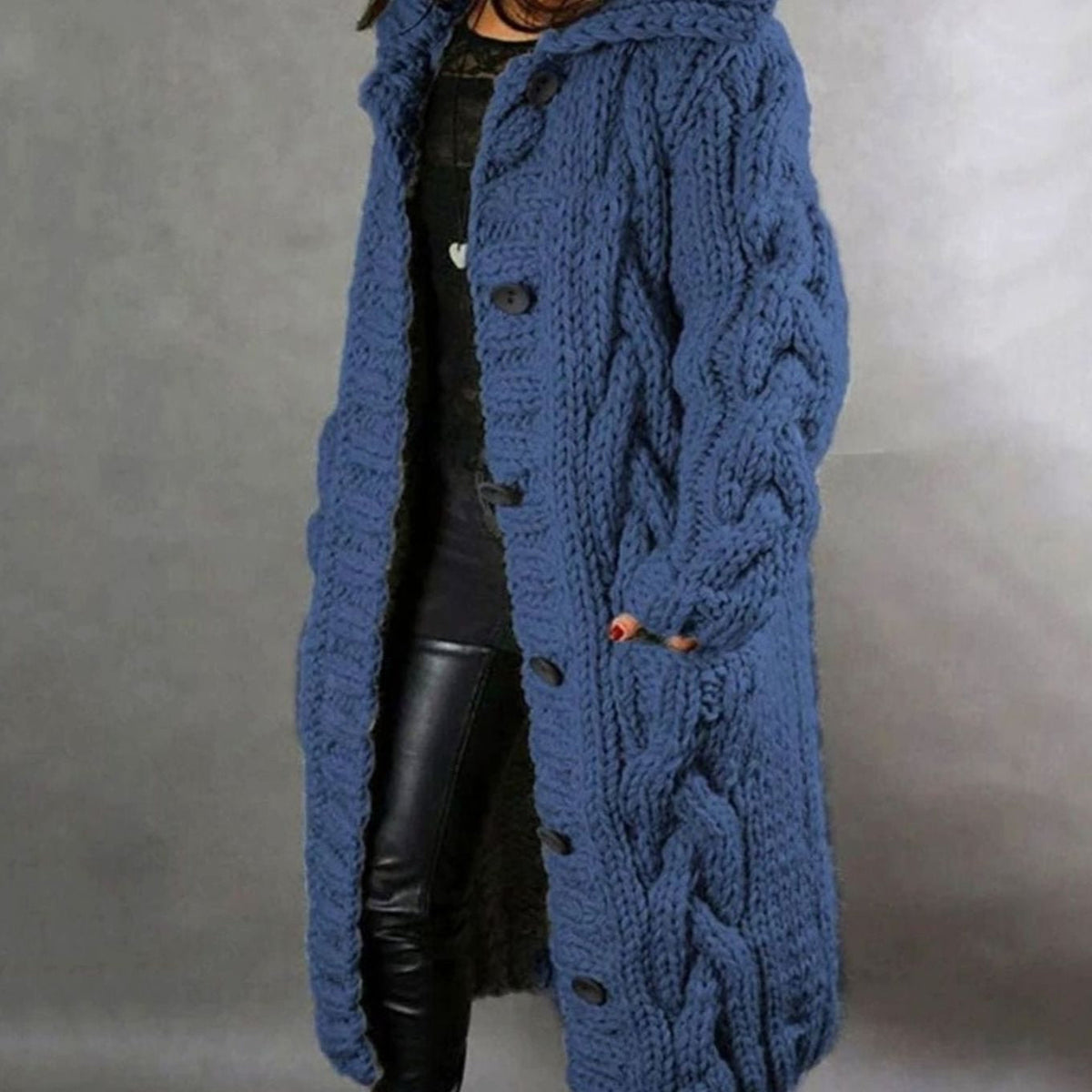 Womens Hooded Cable Knit Cardigan with Button Front and Side Pockets