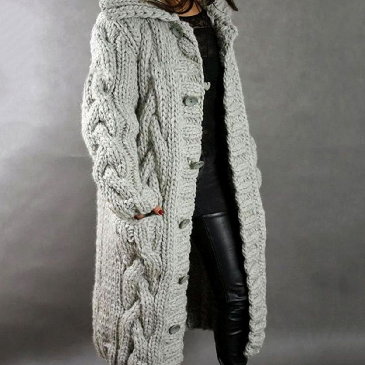 Womens Hooded Cable Knit Cardigan with Button Front and Side Pockets