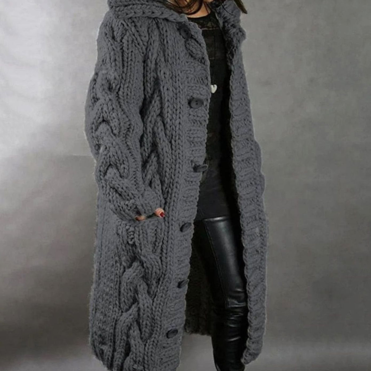 Womens Hooded Cable Knit Cardigan with Button Front and Side Pockets