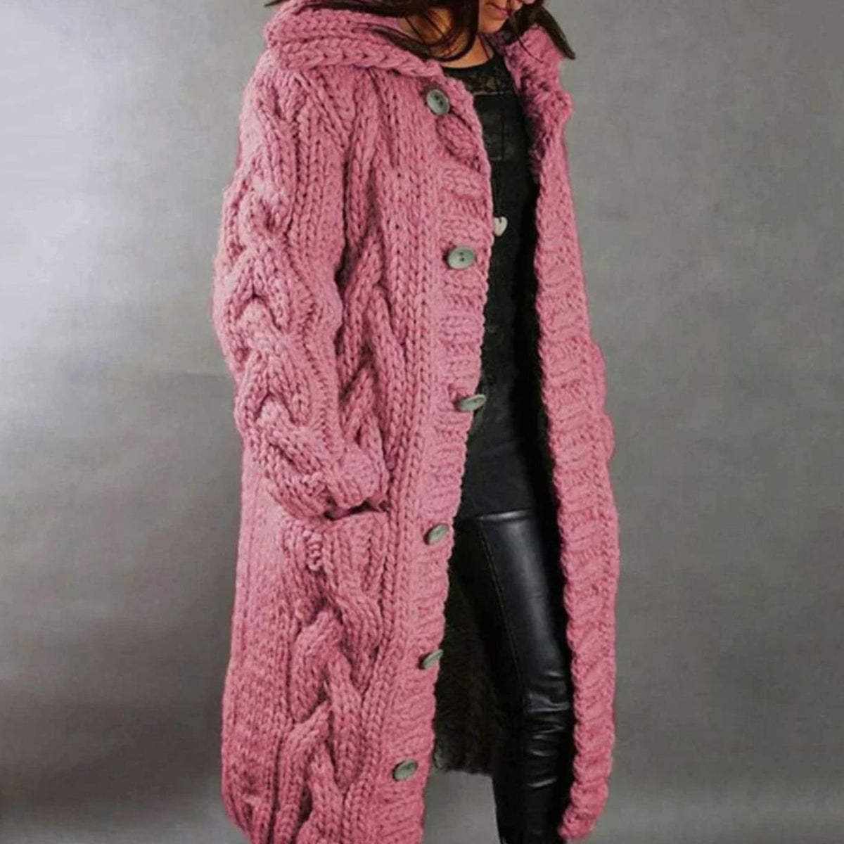 Womens Hooded Cable Knit Cardigan with Button Front and Side Pockets