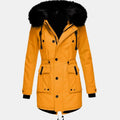 Womens Hooded Parka Coat with Thick Faux Fur Trim and Drawstring Waist