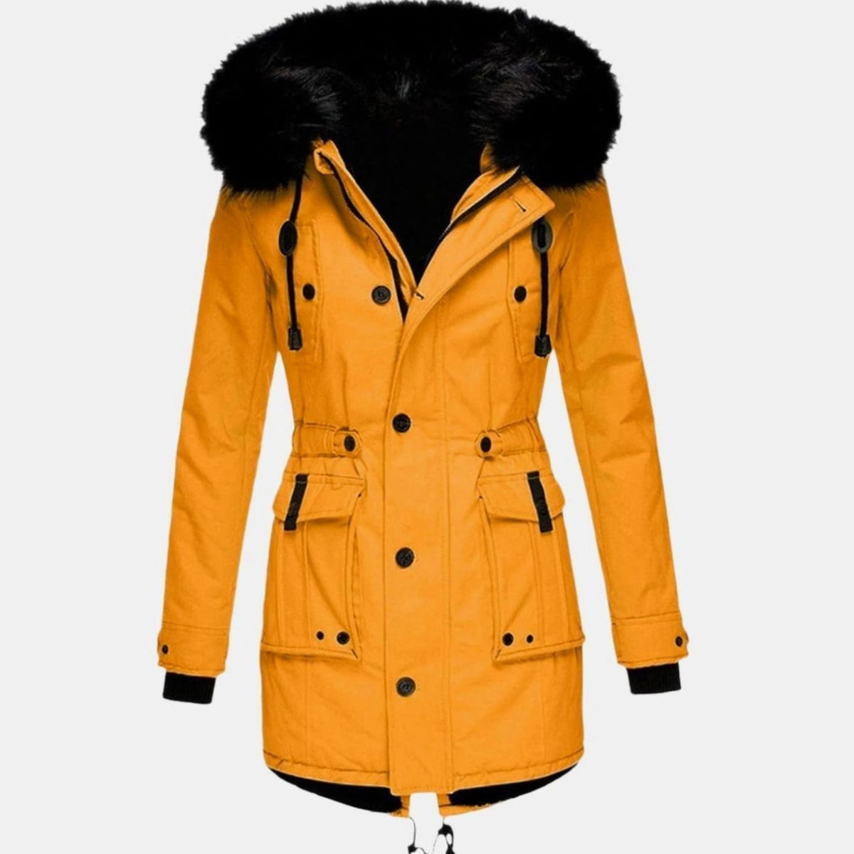 Womens Hooded Parka Coat with Thick Faux Fur Trim and Drawstring Waist