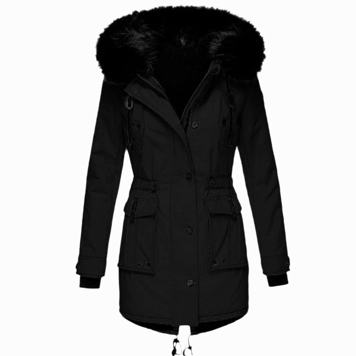Womens Hooded Parka Coat with Thick Faux Fur Trim and Drawstring Waist