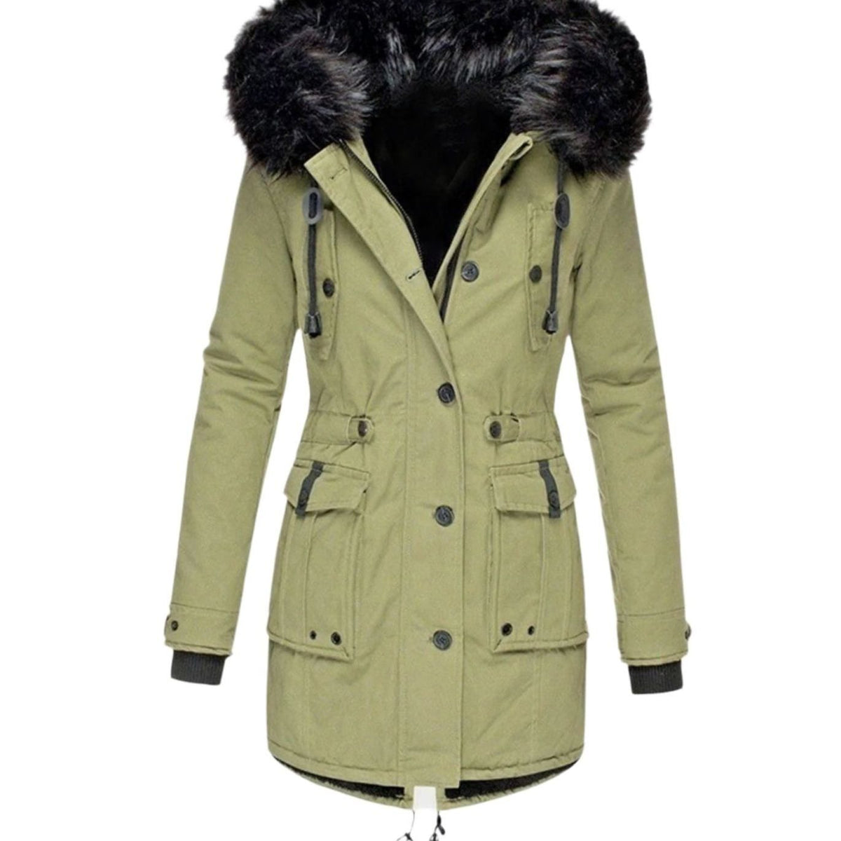 Womens Hooded Parka Coat with Thick Faux Fur Trim and Drawstring Waist