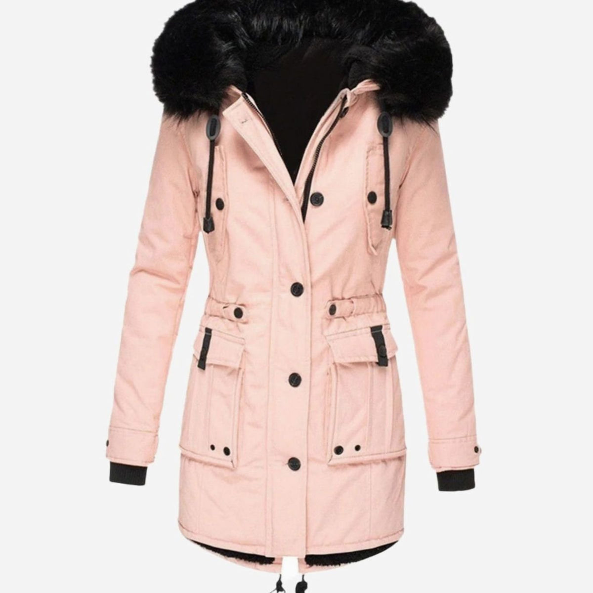 Womens Hooded Parka Coat with Thick Faux Fur Trim and Drawstring Waist