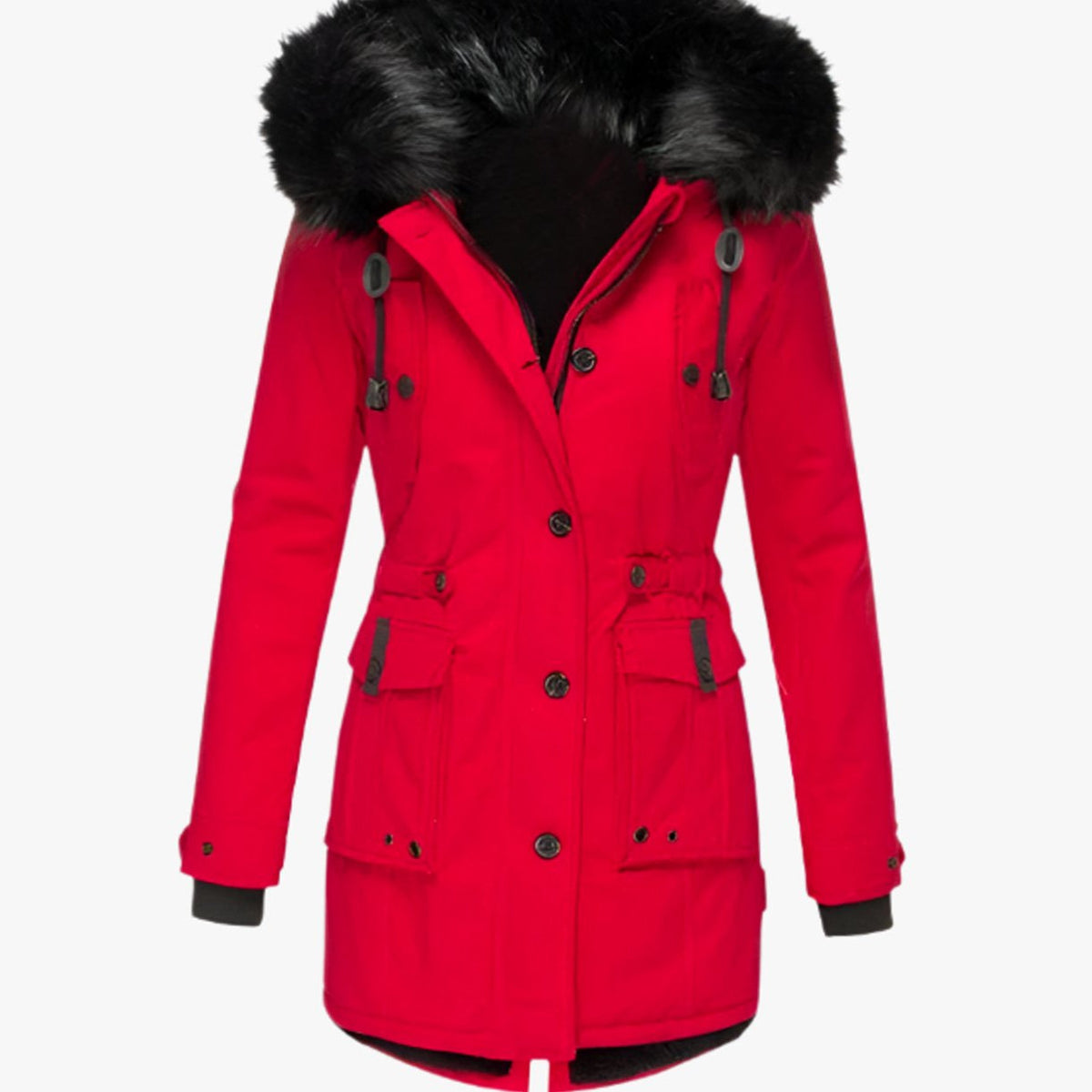 Womens Hooded Parka Coat with Thick Faux Fur Trim and Drawstring Waist