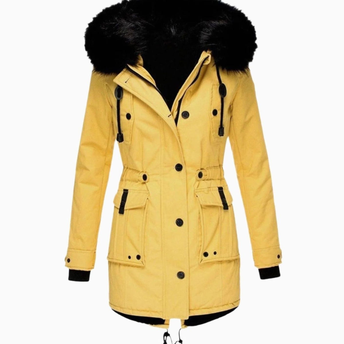 Womens Hooded Parka Coat with Thick Faux Fur Trim and Drawstring Waist