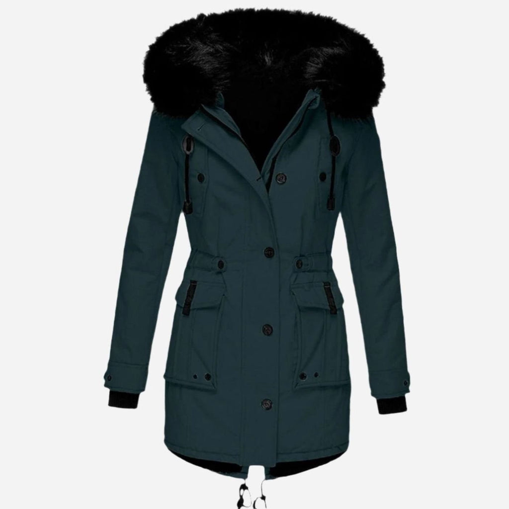 Womens Hooded Parka Coat with Thick Faux Fur Trim and Drawstring Waist