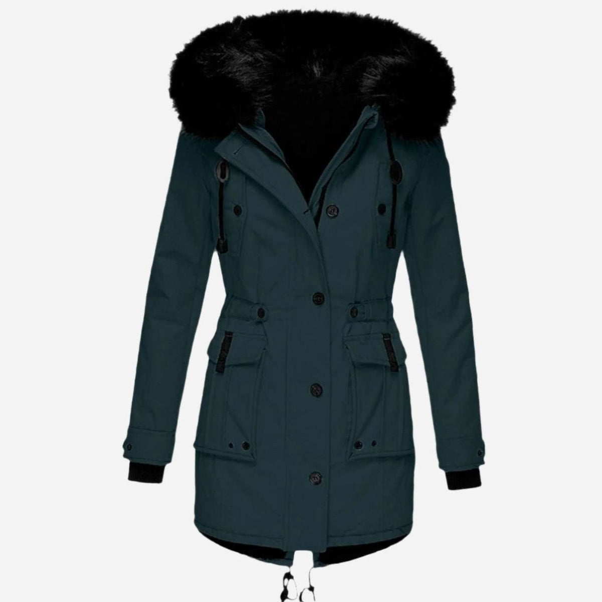 Womens Hooded Parka Coat with Thick Faux Fur Trim and Drawstring Waist