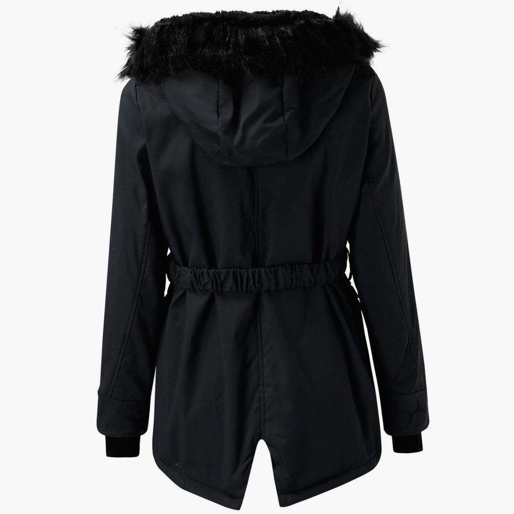 Womens Hooded Parka Coat with Thick Faux Fur Trim and Drawstring Waist