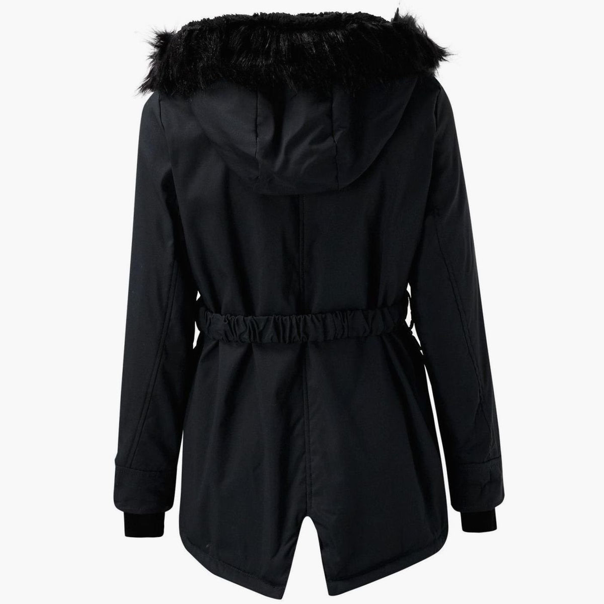 Womens Hooded Parka Coat with Thick Faux Fur Trim and Drawstring Waist