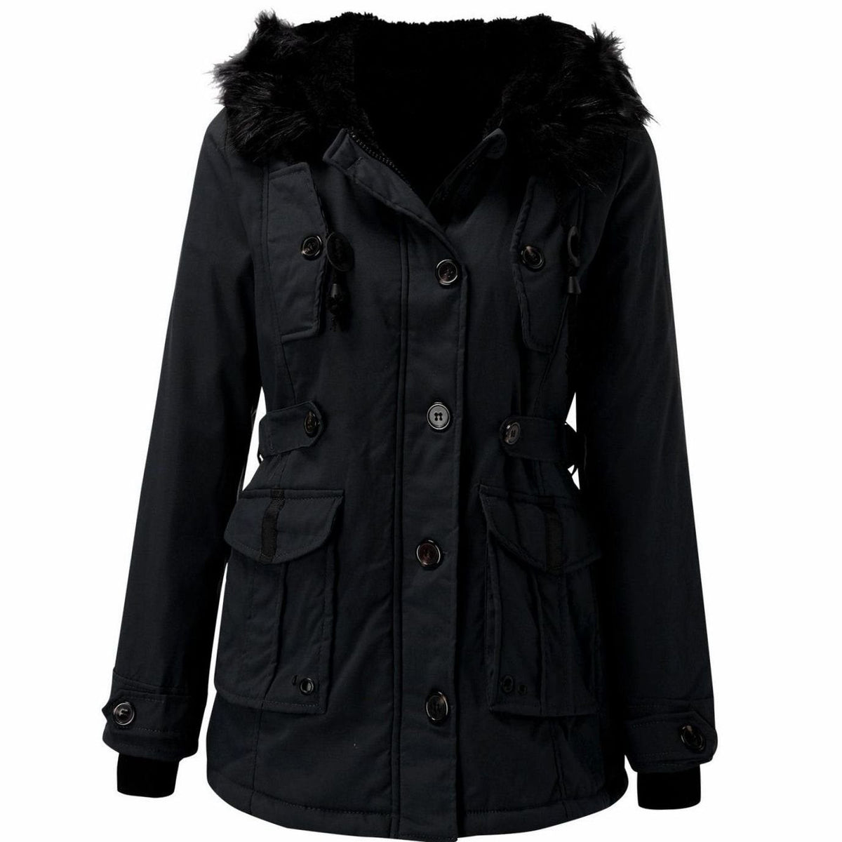 Womens Hooded Parka Coat with Thick Faux Fur Trim and Drawstring Waist